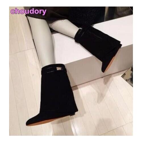 Hot Selling Ladies Mid-calf Boots Metal Shark Lock Decoration Middle Boots Wedge Heel Height Increasing Shoes Fold Over Boots