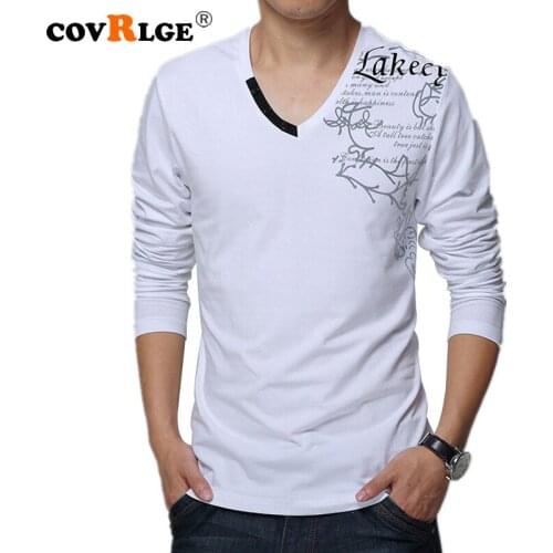 Covrlge Spring Men Tee Shirt Long Sleeve V-neck Print Mens T-shirts Casual Fitness White Tshirt Slim Camiseta Tops MTL082