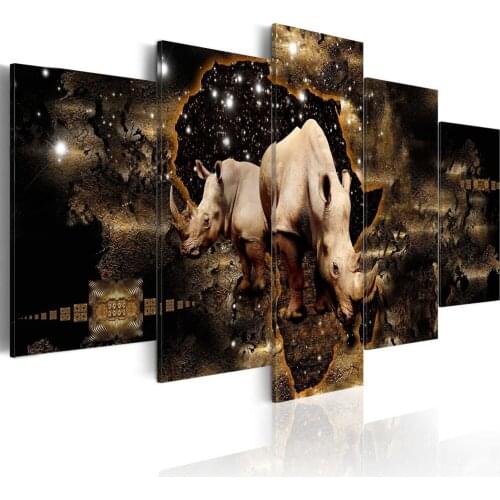 5 Pcs KIT Fashion Wall Art Canvas Painting Abstract Golden Texture Animal Rhinocero Earth Plate Painting Modern Home Decoration