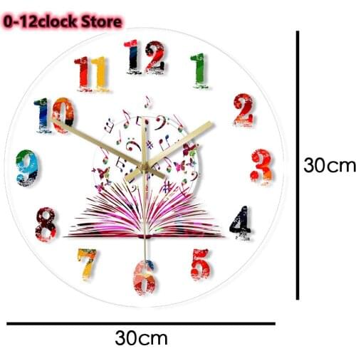Book Music Note Crayon Watercolour Number Print Wall Clock Butterflies Tree Decorative Watch Saat Silent Movement For Kid Studen