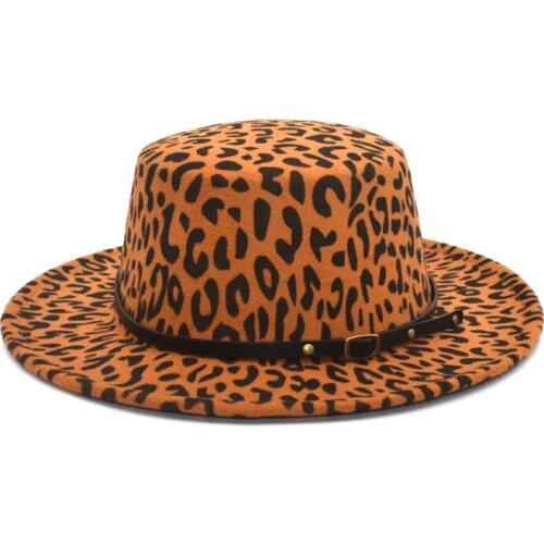 New Leopard Print Flat Top Bowler Hat Winter Autumn Wool Fedora Hat Women Wide Brim British Vintage Belt Jazz Hats P22