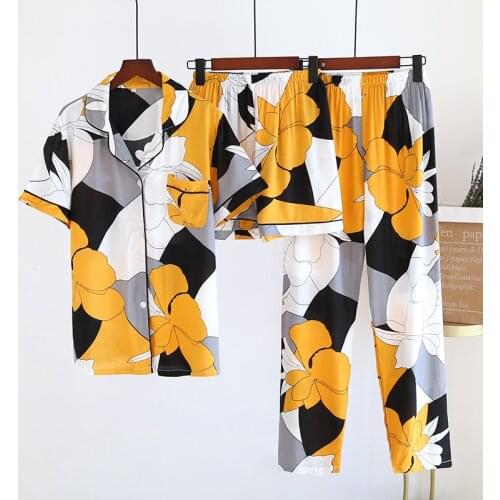 2021 new Womens spring and summer100%viscose pajamas three-piece short sleeve + shorts + trousers soft and comfortable homewear