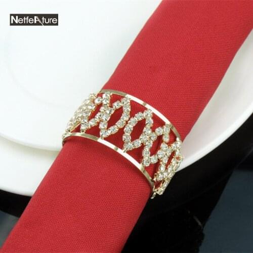 Newest Free Shipping 6PCS Rhinestone Gold Wedding Napkin Rings Dining Table Decoration Serviette Buckles Napkin Holder For Hotel