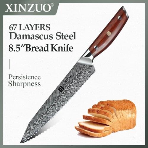 XINZUO 8.5'' inch Bread Knife 67 Layers Damascus High Quality Kitchen Serrated Knife Cooking Tools Mosaic Rivet Rosewood Handle