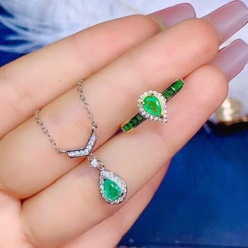 Elegant lovely water drop Natural green Emerald jewelry sets natural gemstone ring Necklace S925 silver girl party gift jewelry