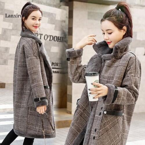 Plaid coat new fall/winter mid-length faux lamb wool one small woolen outer suit fall clothes for women