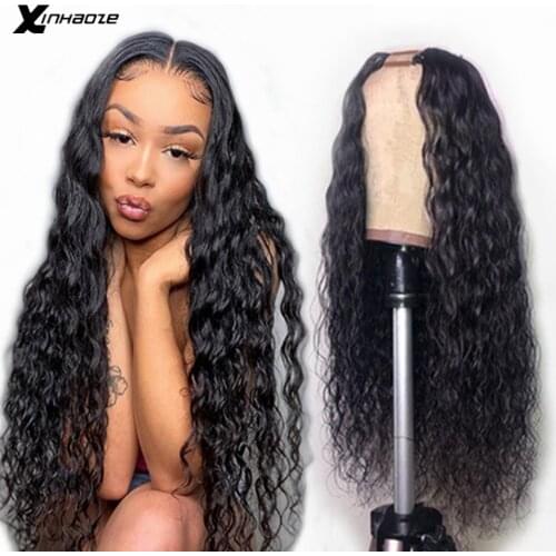 U Part Wig Human Hair Brazilian Remy Water Wave Wigs Pre Plucked For Black Women 150% Density Middle Part Wig Natural Color