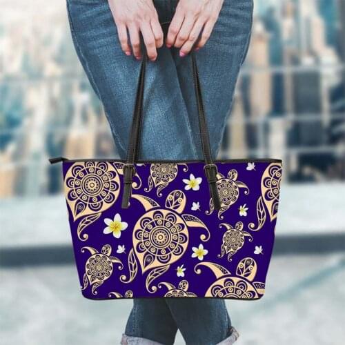 ELVISWORDS Polynesian Traditional Tribal Turtle Print Tote Bag for Teen Girls Fashion Street Shoulder Handbag Durable PU Bag