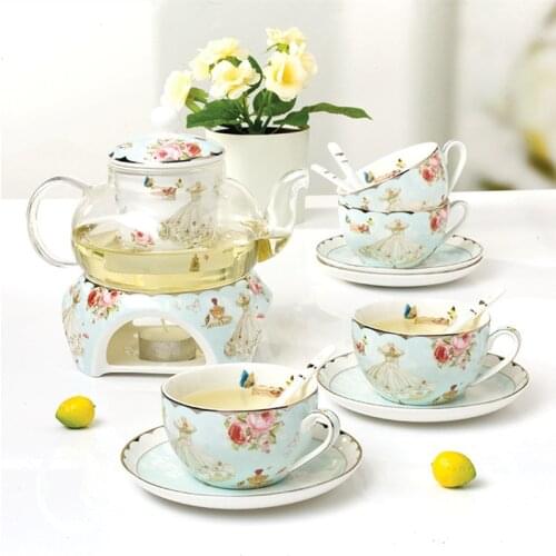 Romantic Household Flower Tea Teaware Coffee Set Heatable Base Tea Stove Glass Teapot Ceramic Coffee Cup Saucer Spoon Set