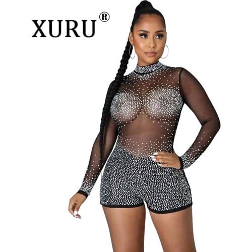 XURU Sexy Round Neck Long-sleeved Jumpsuit Summer New Hot Diamond Jumpsuit Womens Nightclub Evening See-through Jumpsuit