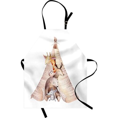 Animals Apron Teepee with Giraffe Deer Animal Nursery Mouse and Bear Illustration for Children Kitchen Bib Cooking Baking Garden