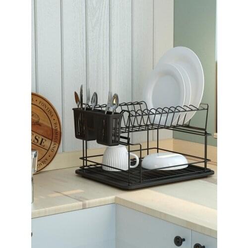 Two-Layer Modular Metal Matte Black Countertop Dish Rack Holder Kitchen Storage Layout Design Plate Glass Drainer Seperable