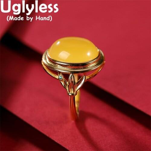 Uglyless Luxuty Big Size Amber Rings for Women Simple Fashion Blank Gemstones Jewelry 925 Sterling Silver Beeswax Rings Gold