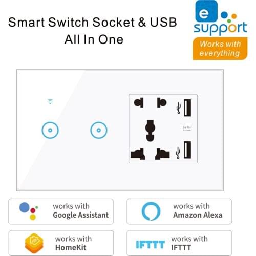 WiFi Standard Socket with Dual USB and Smart Switch 1 2 3 Gang Wall Touch Light Switch Work with Alexa Google Home 90-240V