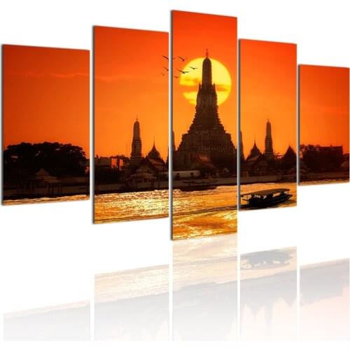 Sunset Temple in Bangkok Thailand 5 Panels DIY Wood Frame Canvas Painting Posters Wall Art Print Picture Living Room Home Decor