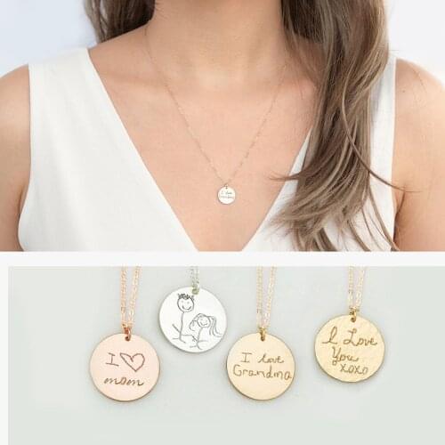 Custom Artwork Kids Necklace Round S925 Silver Necklace Childs Drawing Writing Children Engrave Name Jewelry Necklace Mom Gift