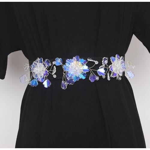 Womens runway fashion flower beaded elastic Cummerbunds female Dress Corsets Waistband Belts decoration wide belt TB1539