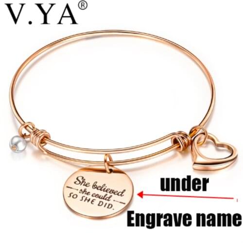 V.YA Engravable Name Bracelet Titanium Steel Ladies Bracelet Creative Lettering Inspirational Heart Shape Bracelets For Female