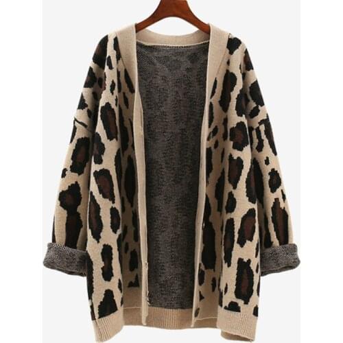 Women Autumn Leopard Cardigans Sweater Female Long Sleeve Loose Knitted Coats Tops spring new Casual V-Neck Thick Sweaters