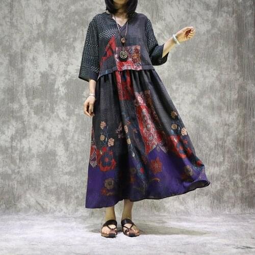 Women Retro Summer Plus Size V Neck Robe Dress Ladies Vintage Patchwork print Dresses Female 2020 Robe Dresses