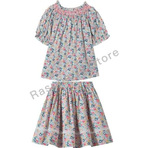 Girls Blouse Skirt Set Floral BP Clothes Liberty Print Toddlers Blouse With Smocking Kids Skirt With Lace Cotton Fabric