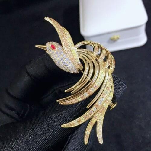 Gold color cubic zircon bird brooch 925 sterling silver high quality fine women jewelry free shipping