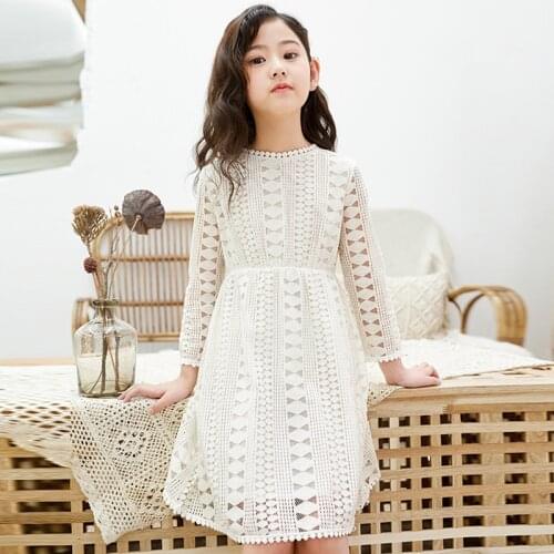 Kids Dresses White Wedding Party Dress Long Sleeve Teenage Girl Lace Dress Fashion Children Clothing DT262