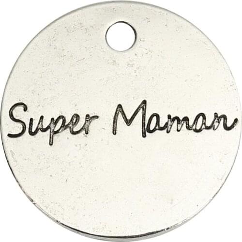 DoreenBeads Zinc Based Alloy Pendant Charms Round Silver Color Message " Super Maman " DIY Simple Jewelry 20mm Dia, 2 PCs