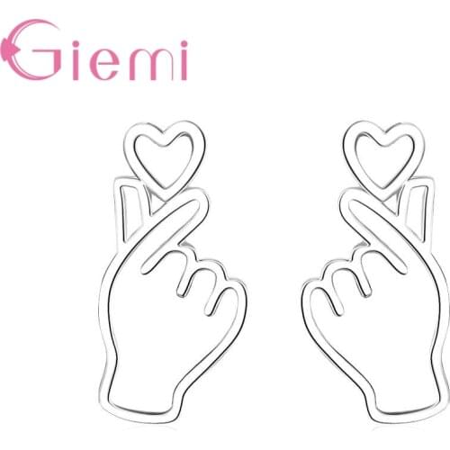 Hot Sale Hand Gesture Show Love Heart Shaped Girls Women Favorite Stud Earrings Sterling Silver 925 Jewelry Fast Shipping
