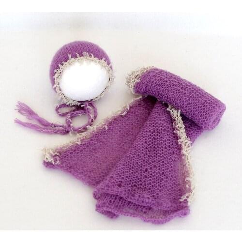 Lilac Baby Girl Lace swaddle Wrap Set Mohair Crochet Newborn Wraps Jersey Stretch Blanket Newborn Swaddle knit Blanket Props