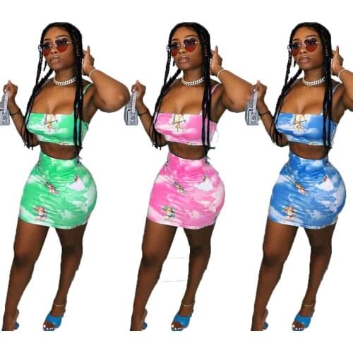 Echoine Sexy Tie-Dye Angel Women Two Pieces Set Tracksuit Sleeveless Crop Tops Bodycon Midi Mini Skirt Suit Outfit Matching Set