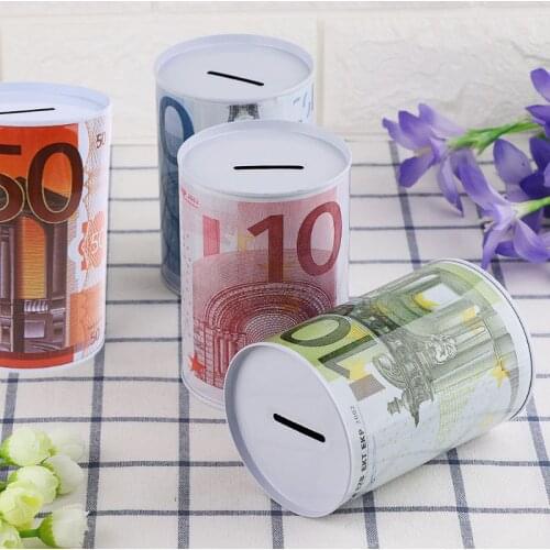 Creative Euro Dollar Metal Cylinder Piggy Bank Saving Money Box Home Decoration