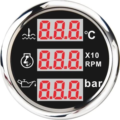 3 In 1 Multi-Function Digital Gauge Water Temp Oil Pressure Gauge Bar With Alarm IP67 Stainless Steel 52MM Gauges Marine Yacht