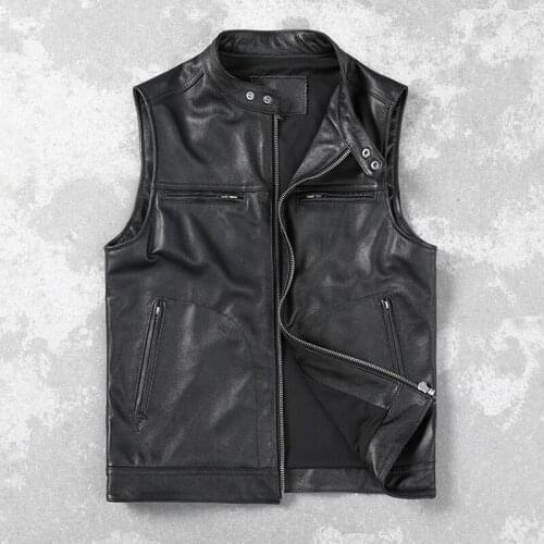 GU.SEEMIO Factory 100% Cowhide Mens Genuine Leather Jacket Leather Vest Waistcoat Motorcycle Clothing Zipper No Sleeves