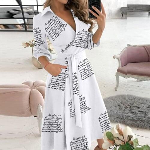 Dot Letter Print Long Sleeve Party Dress Women Elegant V Neck Lace-Up Belt Long Dress Casual Pocket A-Line Dress Vestido XXL