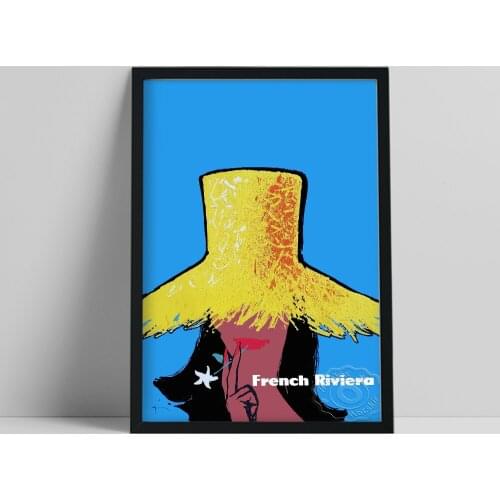 1960s World Travel Poster, French Riviera Abstract Figure Canvas Painting, Vintage Concise Style Wear Hat Girl Home Wall Decor