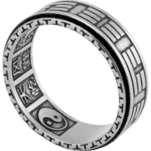 Retro Gossip Transfer Rotating Yin and Yang Fish Ring Chinese Style Taoist Tai Chi Titanium Steel Male Ring