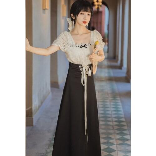 Summer Modern Elegant Style Outfits Vintage Square Collar Lace Shirt Blouse Tops & Long Design Black Bandage Skirt 2 Piece Set