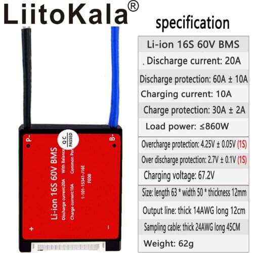 LiitoKala 10S 13S 16S BMS 20A 36V 48V 60V PCM PCB for 3.7V lithium ion battery pack 18650 NMC E-bicycle Scooter NTC