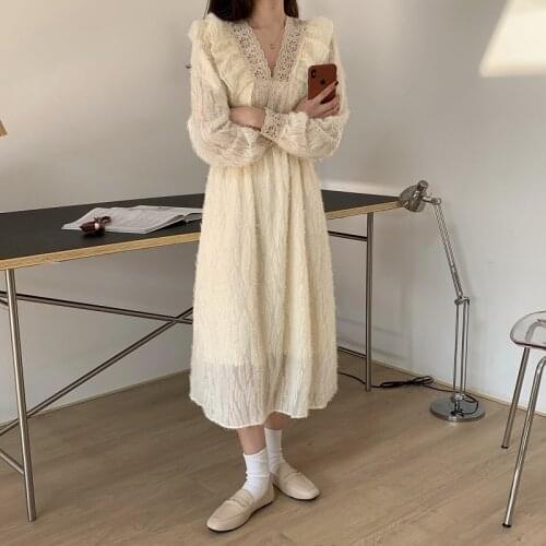 Vintage Korean Style White Lace Embroidery Dresses Party A-Line Loose Winter Long Sleeve Spring 2021 Fairy Elegant Dress Women