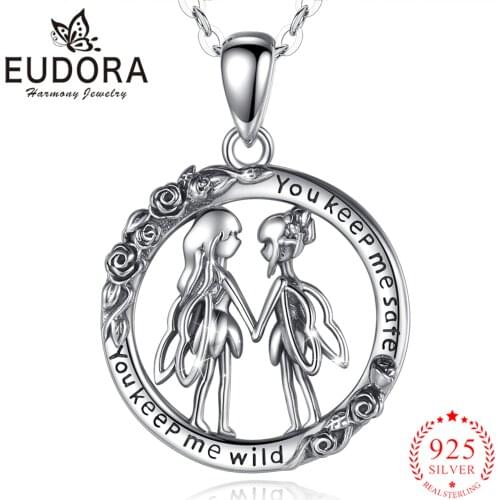 EUDORA 925 Sterling Silver Good angel Sister Friendship Necklace You Keep Me Wild Sate Pendant Gift for Women Girl Cyd648