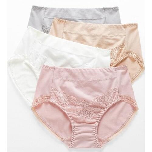 High waist ladies panties women cotton briefs modal cotton fabric lace side solid color pants