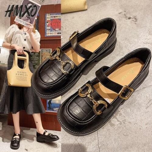 HMXO Metal Buckle Non-slip Thick-soled Mary Jane Shoes Women Soft Leather Japanese JK shoes Chic British Leather Female Shoes
