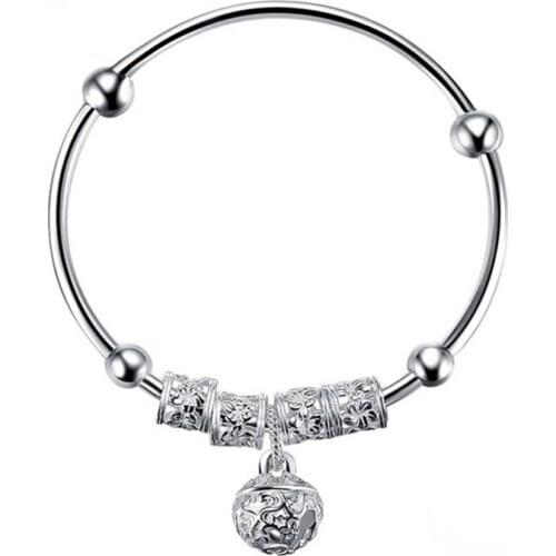 Fashion Silver 925 Sterling Silver Charm Stone Bangle Cuff Bracelet Ball Bell Pendants Women Jewelry Gift