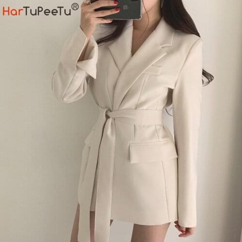 Women Black Beige Blazer Dress High Waist with Belt 2021 Autumn Slim Fit Work Bussiness Office Ladies Long Sleeve Outwear