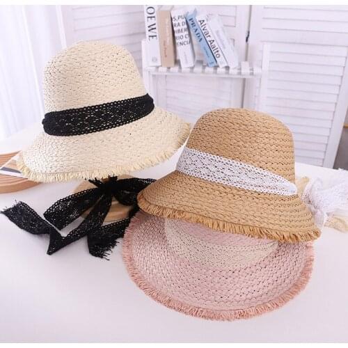 2021 Fashion Sunhats Family Mother Daughter Summer Straw Hat Lace up Outdoor Breathable Beach Women Kids Girls Bucket Hat Cap