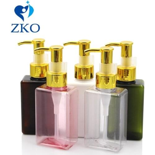 5pcs 100ml PETG Rectangular Bottle Golden Aluminum Oil Pump Refillable Lotion Bottle Empty Cosmetic Containers (Safety Buckles)