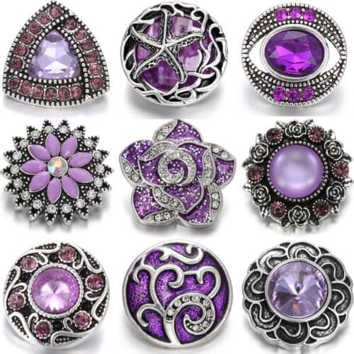 6pcs/lot Mixed Purple Snap Jewelry 18mm Snap Buttons Jewelry Rhinestone Flower Metal Snaps Jewelry Fit Snap Button Necklace
