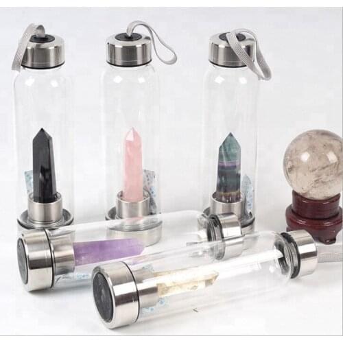 Natural Glass Water Bottle Quartz Gemstone Direct Drinking Cup Glass Crystal Obelisk Wand Healing Wand Tea Bottle with Rope