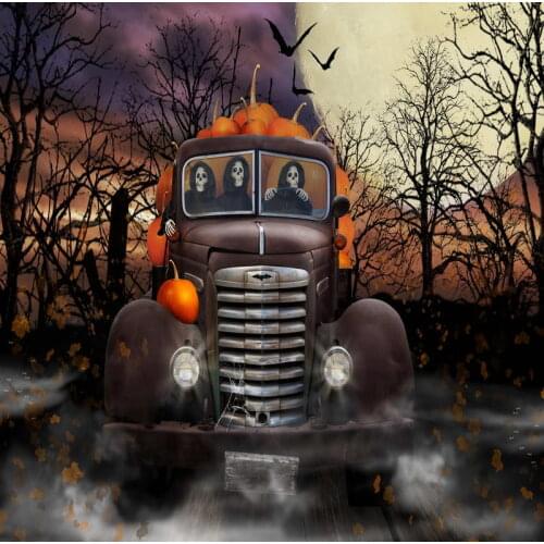 Pumpkin Car Drived By the Ghost in Forest Backdrop for Halloween Party 5x7 Photography Background Studio for Newborn